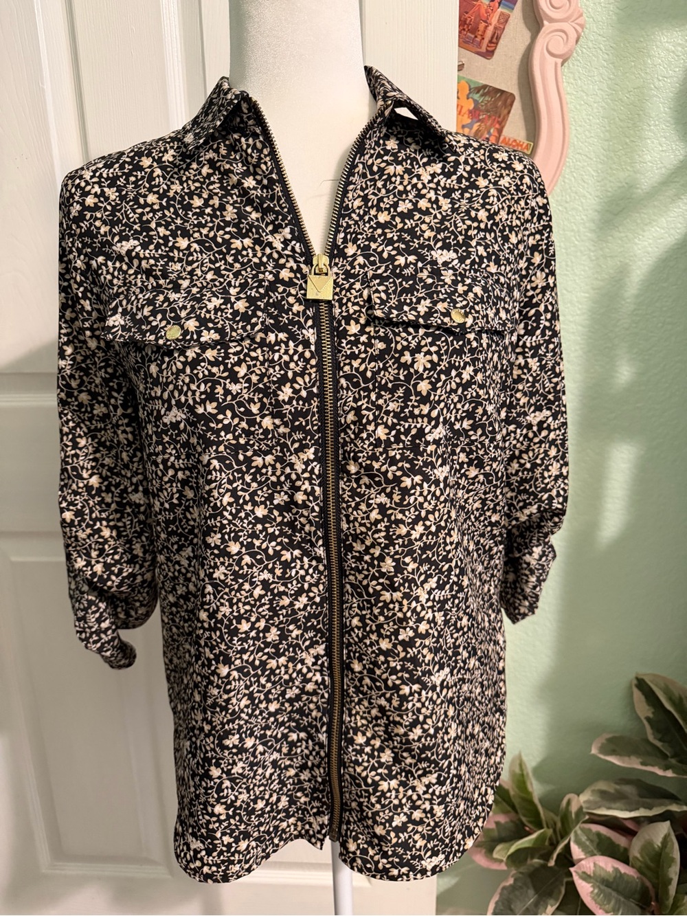 Michael Kors Black Floral Zip-Front Utility Jacket